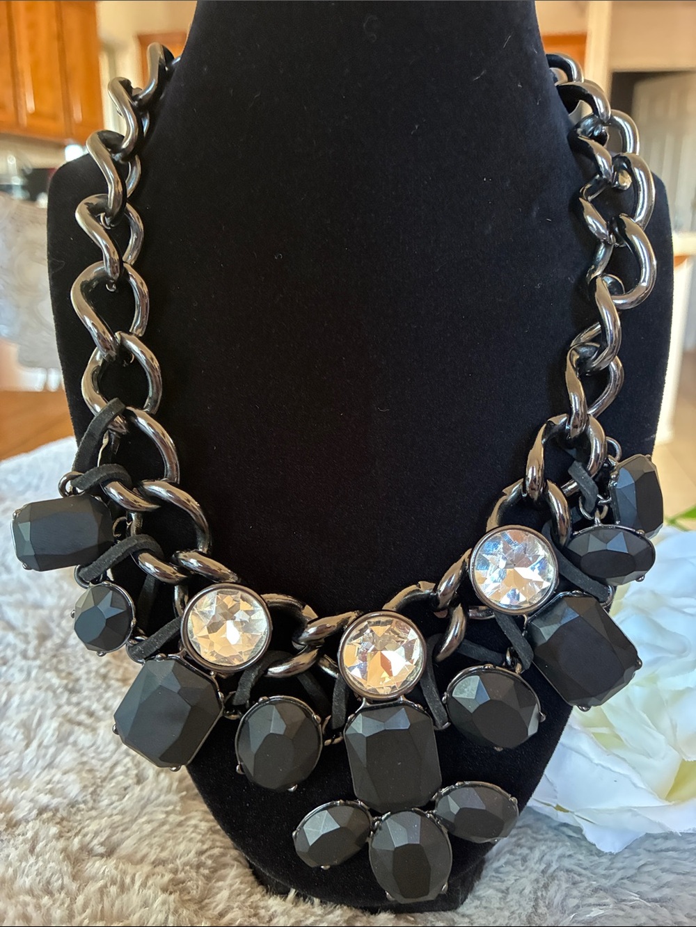 Banana Republic Black and Clear Crystal Statement Necklace